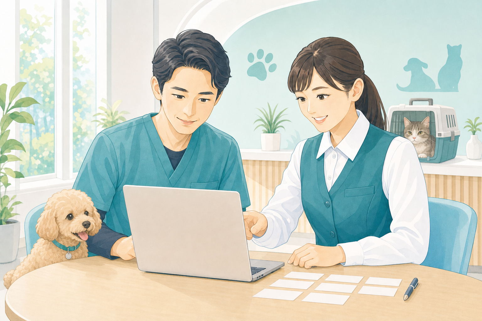 獣医師と受付スタッフが一緒にFAQを準備するイラスト