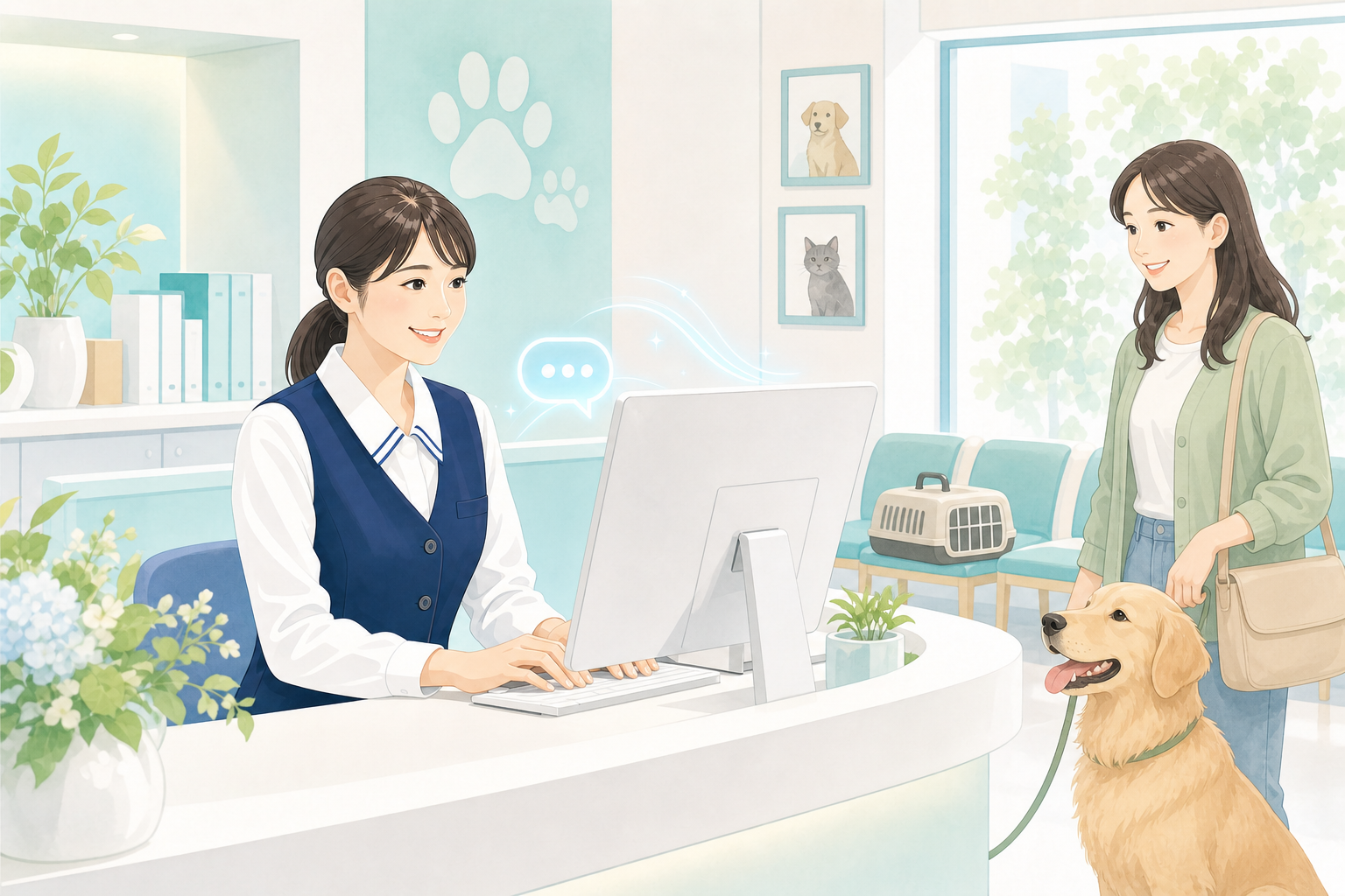 AI窓口の導入により落ち着いて受付業務を行う動物病院スタッフのイラスト