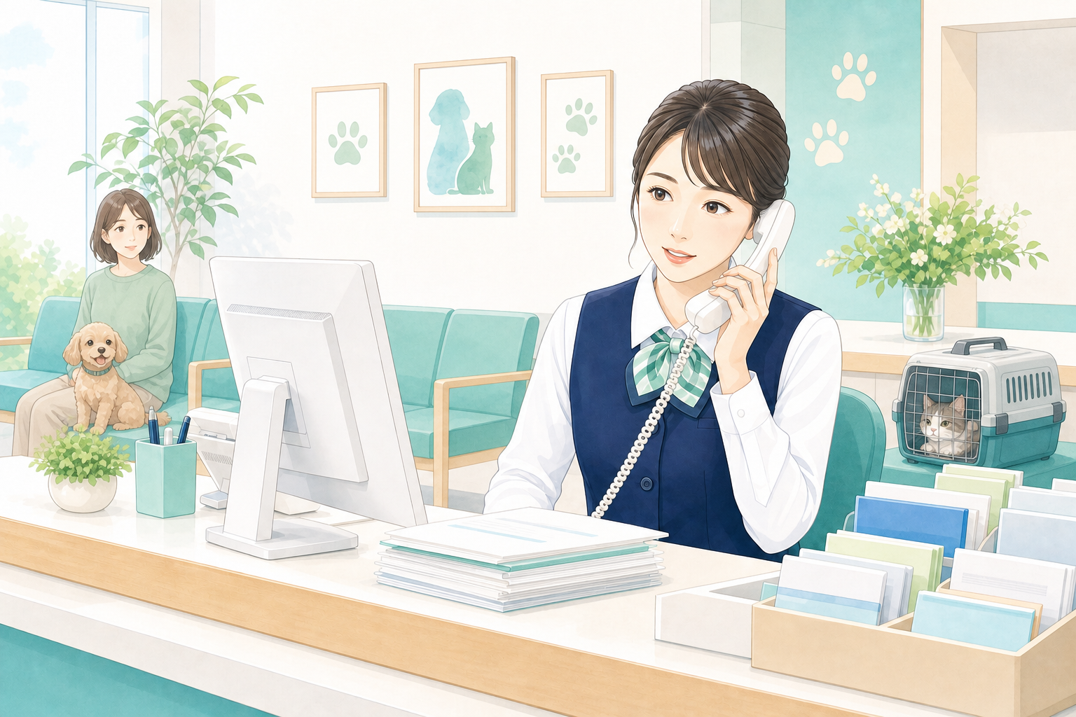 電話対応によって受付業務が中断されている動物病院受付スタッフのイラスト