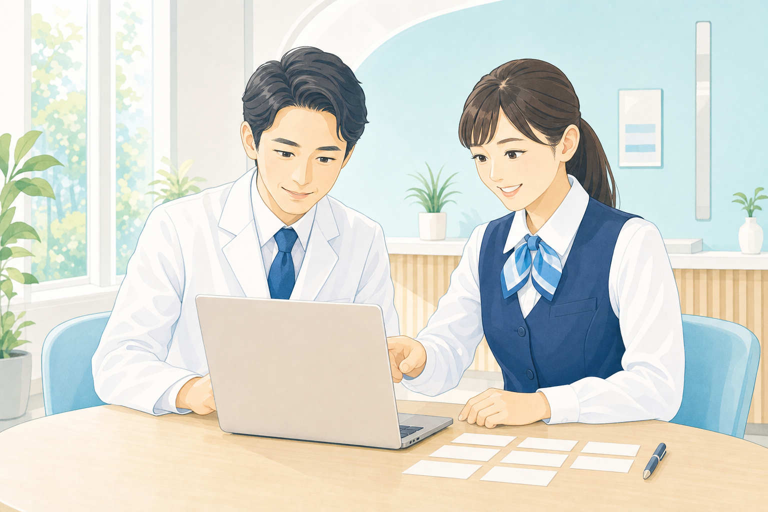 医師と受付スタッフが一緒にFAQを準備するイラスト