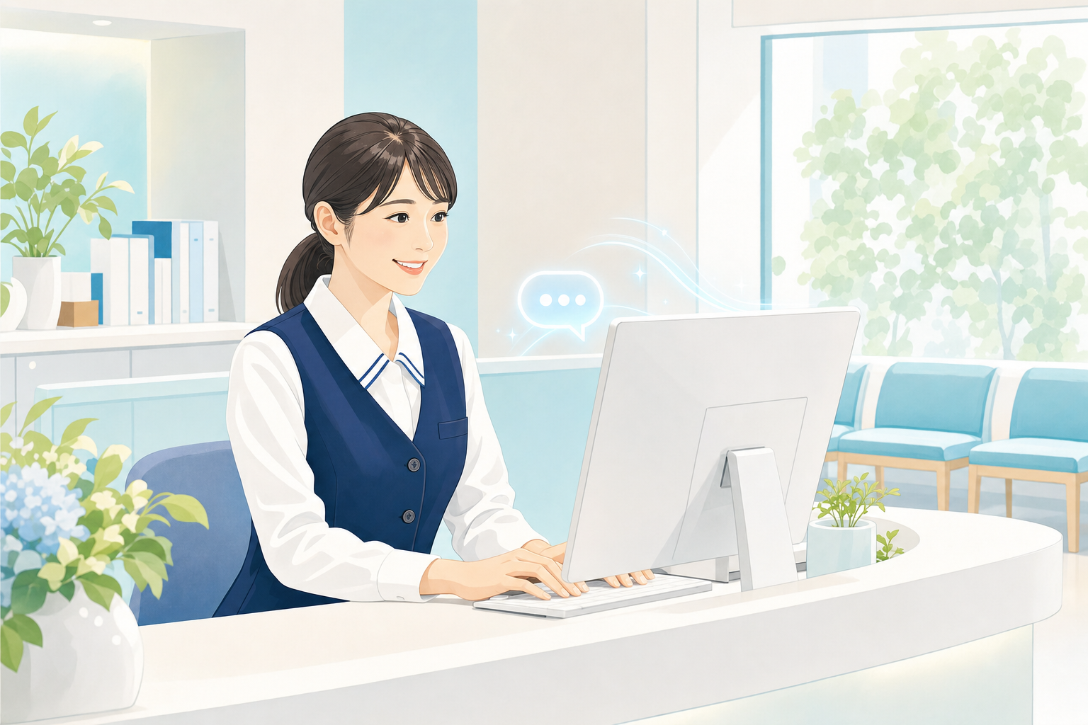 AI窓口の導入により落ち着いて受付業務を行うクリニックスタッフのイラスト