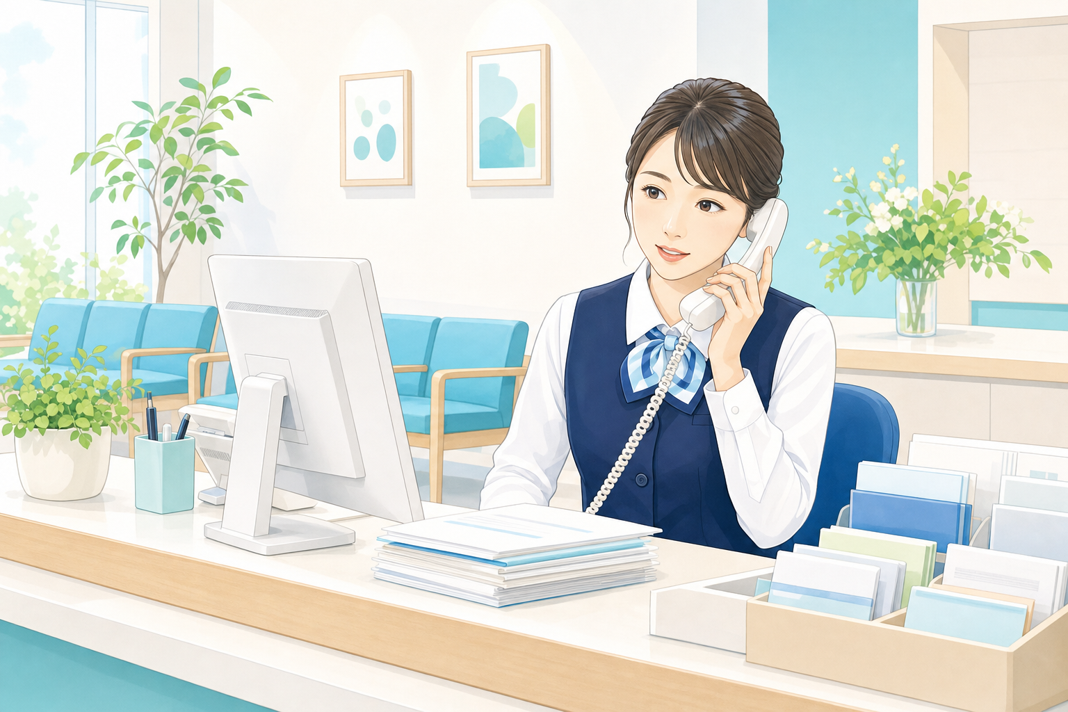 電話対応によって受付業務が中断されているクリニック受付スタッフのイラスト
