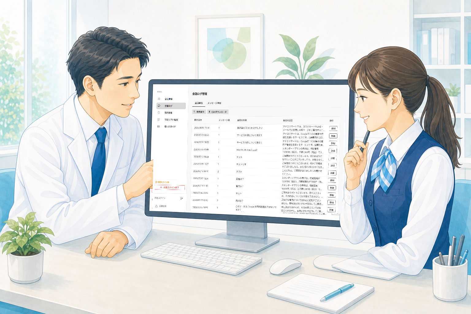 医師と受付スタッフが会話ログを確認して改善内容を検討するイラスト