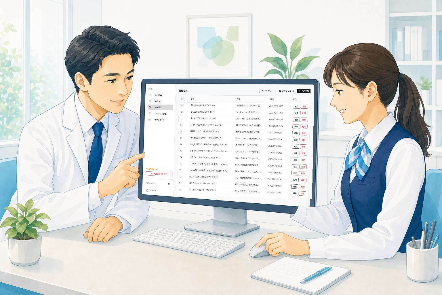 医師と受付スタッフが管理画面からQ&Aを追加するイラスト