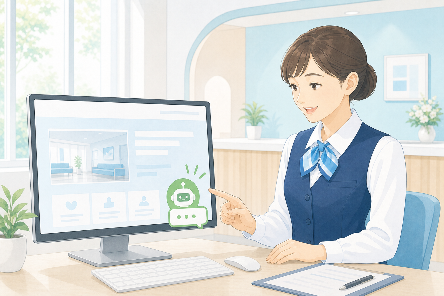 クリニックの既存ホームページにAIチャット窓口を設置するイラスト