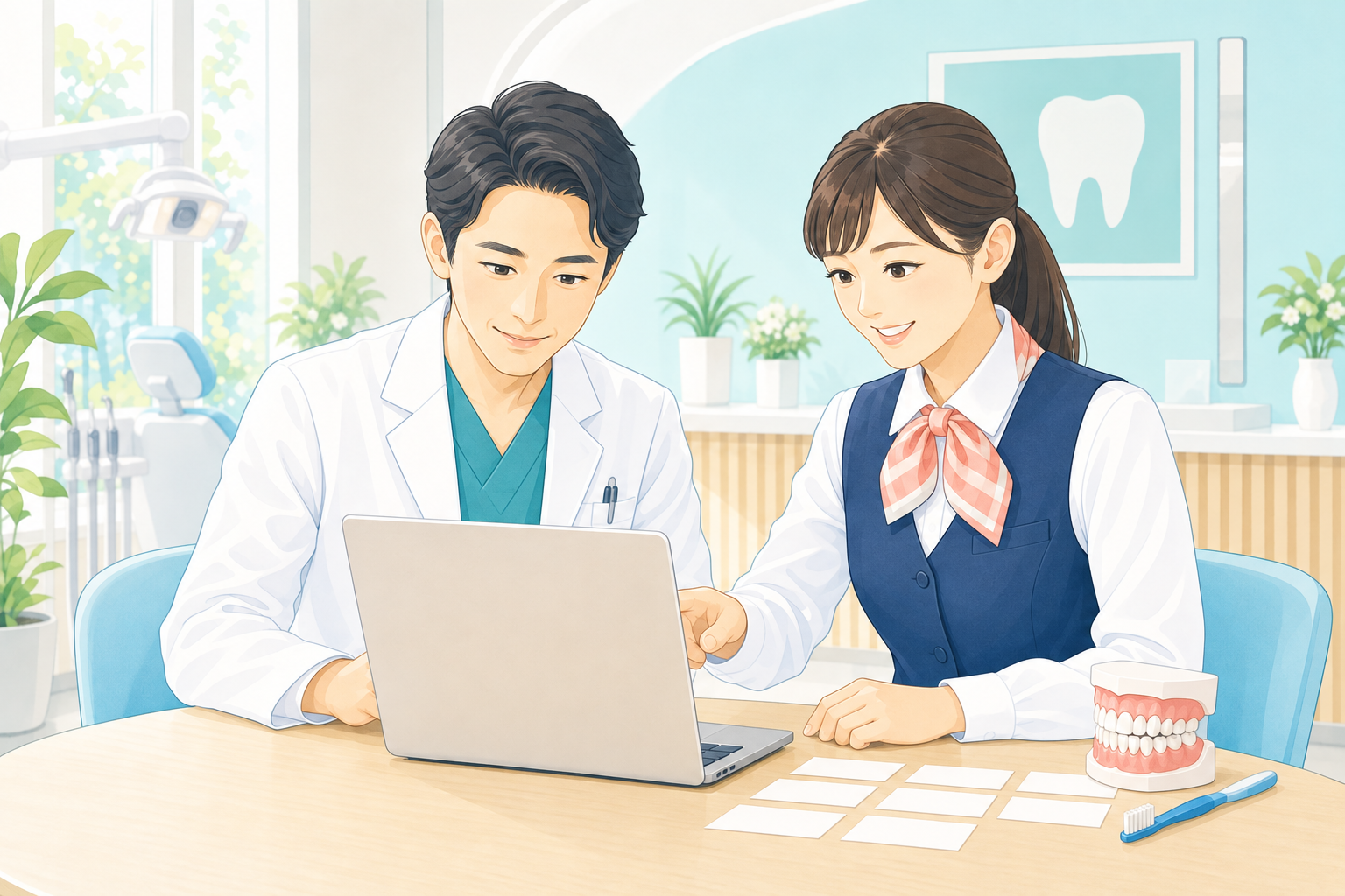 歯科医師と受付スタッフが一緒にFAQを準備するイラスト