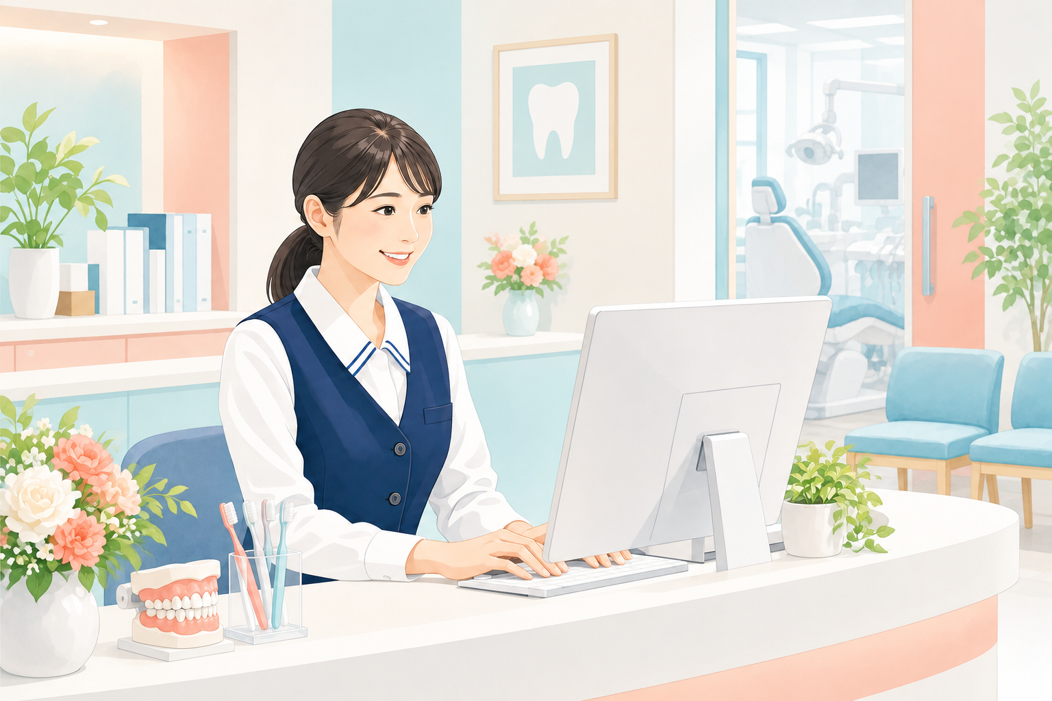 AI窓口の導入により落ち着いて受付業務を行うクリニックスタッフのイラスト