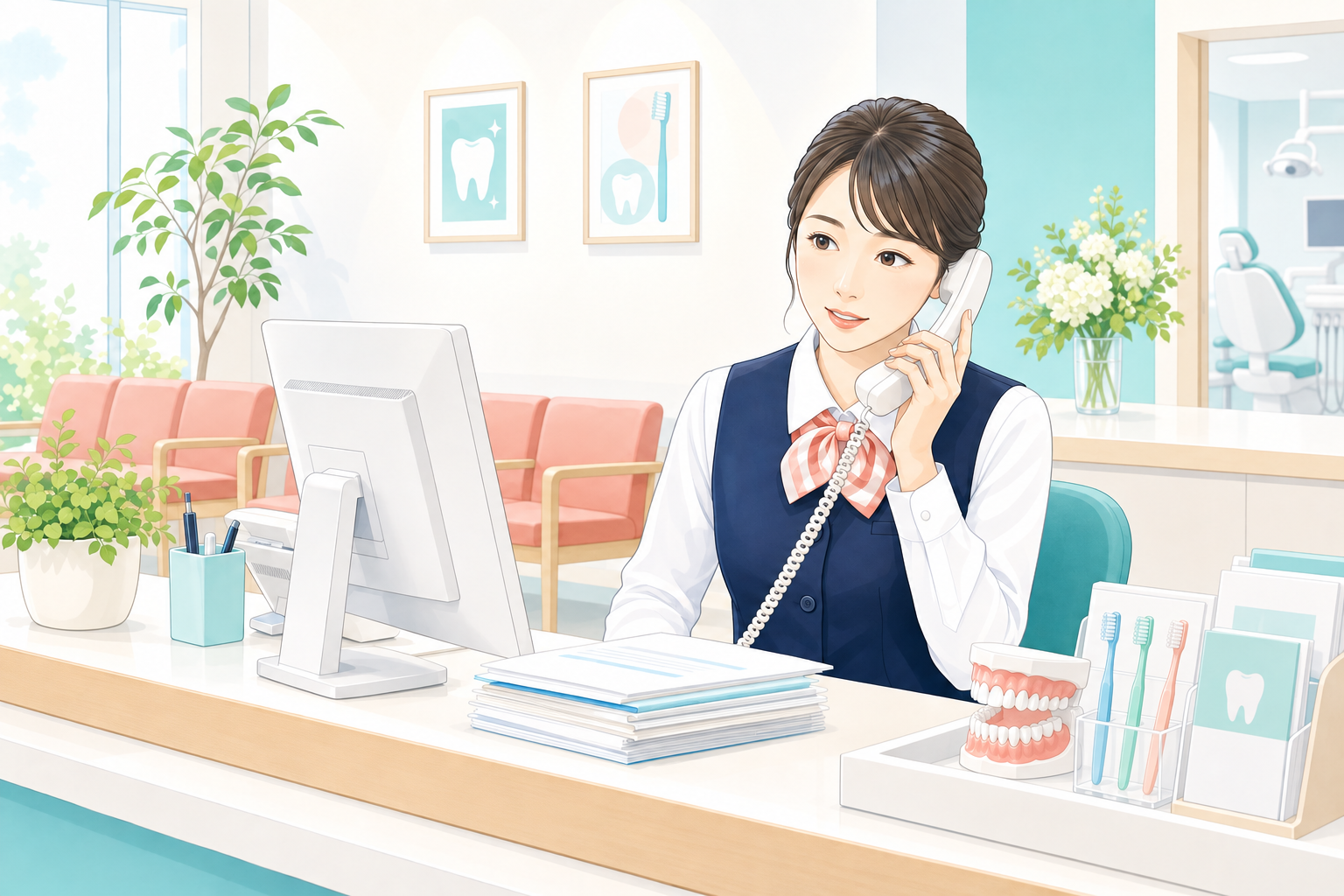 電話対応によって受付業務が中断されている歯科医院の受付スタッフのイラスト