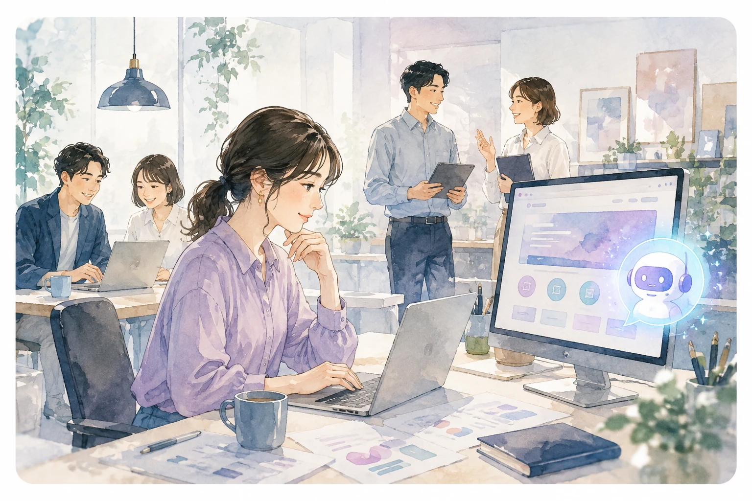 AI窓口の導入により落ち着いて本来の業務を行う企業スタッフのイラスト