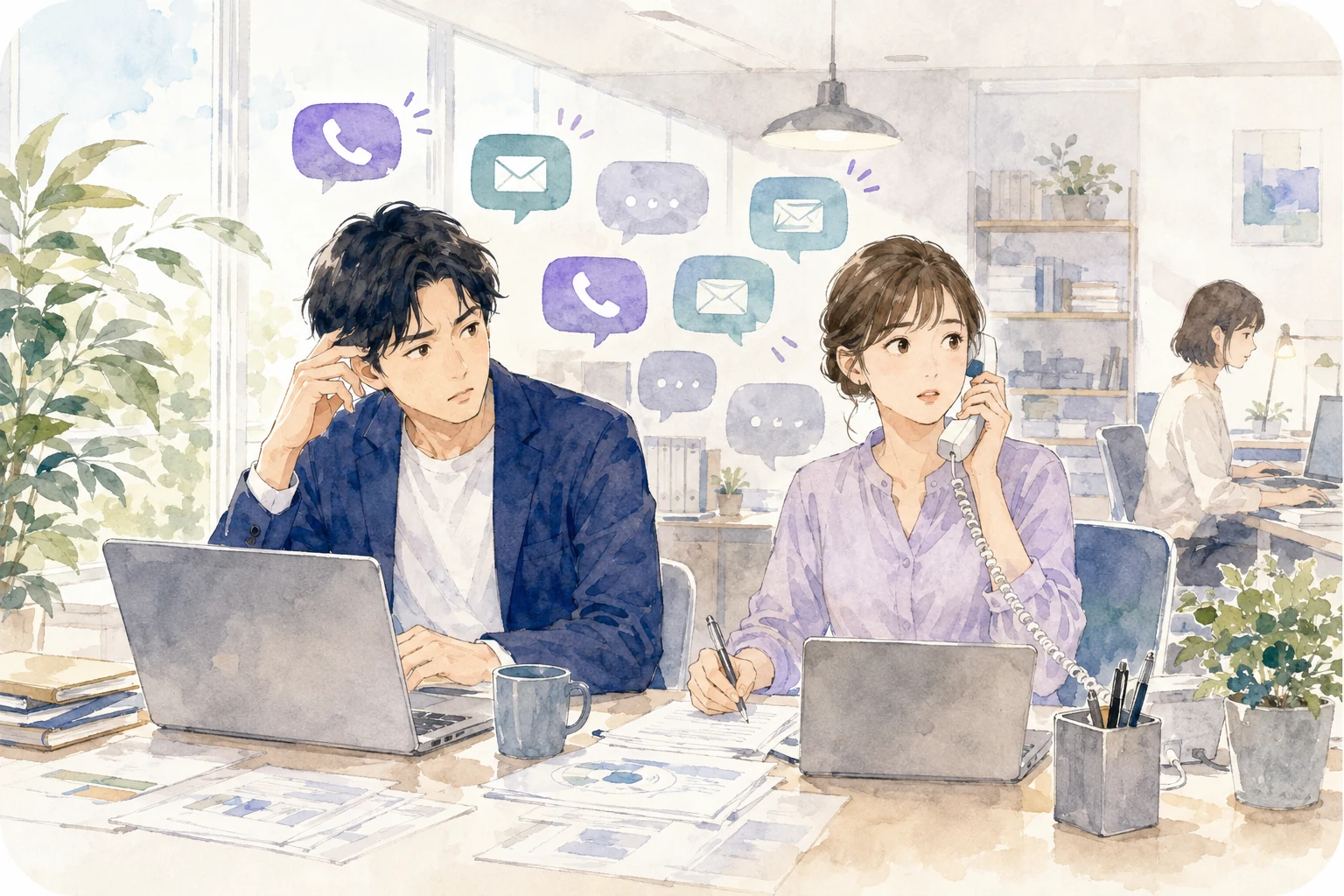 電話やメッセージへの対応で業務が中断される企業スタッフのイラスト